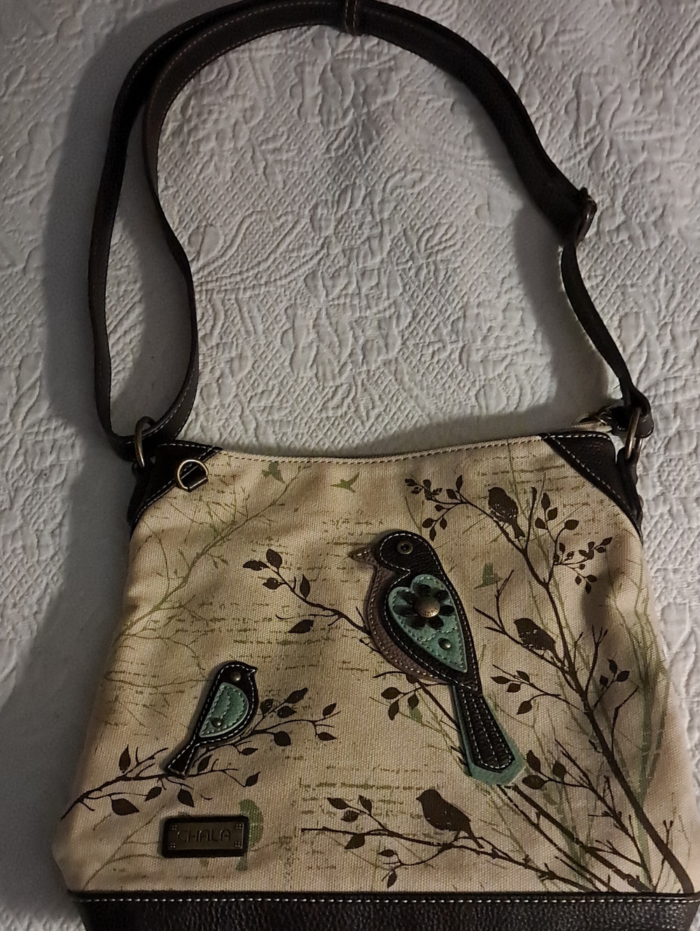 Chala Beige Canvas Crossbody with Teal Bird Appliqués
